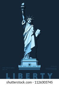 Statue of Liberty USA, poster. Creative Blue Linear Picture. National Symbol of America. Illustration, black background. Use presentations, corporate reports, text, emblems, labels, logo, template, ve