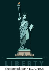 Statue of Liberty USA, poster. Creative green Linear Picture. National Symbol of America. Illustration, black background. Use presentations,corporate reports,text, emblems, labels,logo, stripes,vector