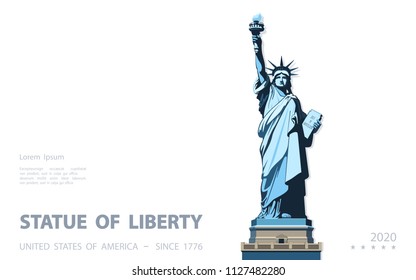 Statue of Liberty USA, poster. Creative Blue Linear Picture. National Symbol of America. Illustration, white background. Use presentations, corporate reports,text, emblems, labels,logo, stripes,vector