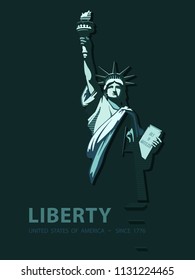 Statue of Liberty USA, poster. Creative Green Linear Picture. National Symbol of America. Illustration dark background. Use presentations, corporate reports,text, emblems,labels, logo, stripes,vector
