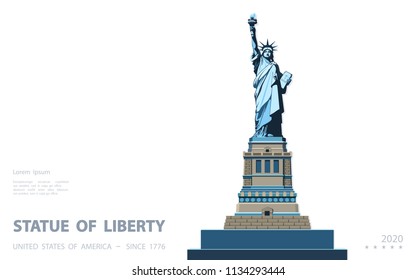 Statue of Liberty USA, poster. Creative Blue Linear Picture. National Symbol of America. Illustration, white background.
