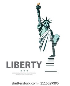 Statue of Liberty USA, poster. Green Linear Picture. National Symbol of America. Illustration, white, background. Use presentations, corporate reports, text, emblems, labels, logo, stripes, vector