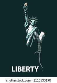 Statue of Liberty USA, poster. Green Linear Picture. National Symbol of America. Illustration, dark background. Use presentations, corporate reports, text, emblems, labels, logo, stripes,vector