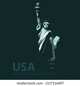 Statue of Liberty USA, poster. Green Linear Picture. National Symbol of America. Illustration, dark, black background. Use presentations, corporate reports, text, emblems, labels, logo, stripes,vector