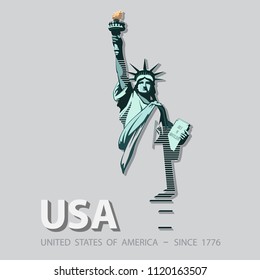Statue of Liberty USA, poster. Green Linear Picture. National Symbol of America. Illustration, gray,background. Use presentations, corporate reports, text, emblems, labels, logo, stripes, vector