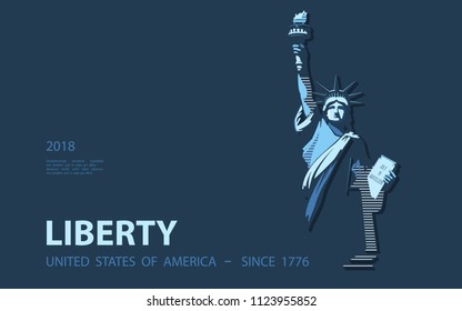 Statue of Liberty USA, poster. Green Linear Picture. National Symbol of America. Illustration, dark background. Use presentations, corporate reports, text, emblems, labels, logo, stripes,vector