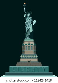 Statue of Liberty USA, poster. Green Linear Picture. National Symbol of America. Illustration, black background. Use presentations, corporate reports, text, emblems, labels, logo, stripes, vector