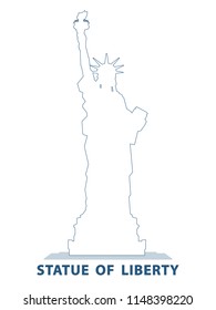 Statue of Liberty. USA, poster, silhouette, blue and white line drawing. National Symbol of America. Illustration, white background. Use presentations, corporate reports, emblems, labels, logo, vector
