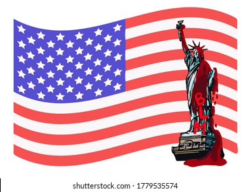 estatua de la libertad vandalizada con el acrónimo BLM y la bandera de los Estados Unidos en el fondo, pintura roja o sangre, protestas contra el racismo que ocurrieron en los Estados Unidos de América, ilustración vectorial
