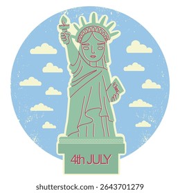 Statue of Liberty vector flat cartoon illustration isolated on white for design, website, presentation, cards, icons, stickers. New York retro symbol with blue sky and lettering text.