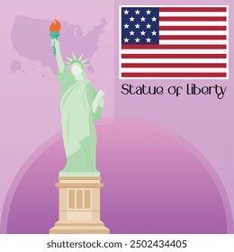 Statue of Liberty Vector Illustration Clipart, World Famous Places, The Classic Sculpture in New York City, United States Map And Flag Vector Art
