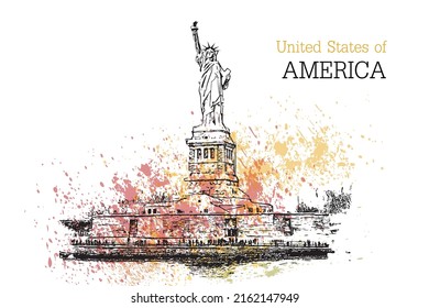 Statue of liberty, vector. Illustration . Hand drawn line, realistic ink sketch, outline and flat. New York and USA landmark. American national symbol.