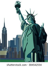 Statue of Liberty vector illustration. New York City skyline is full background on separate layer.