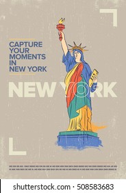 Ilustración vectorial de la Estatua de la Libertad. Serie mundial de monumentos en estilo retro. Afiche de viaje de Nueva York, Estados Unidos.