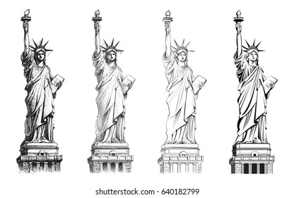 Statue liberty  vector set  Illustration various drawing styles  Hand drawn line  realistic ink sketch  outline   flat  New York   USA landmark  American national symbol 