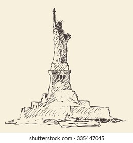 Statue of Liberty, vector vintage engraved illustration, hand drawn