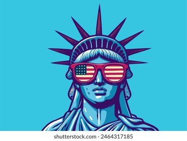 Statue of Liberty wearing sunglasses with American flag pattern. Independence day, freedom vector illustration