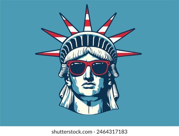 Statue of Liberty wearing sunglasses symbolizing American flag colors pattern. 4th of July, independence day background. 