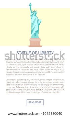Statue of liberty, web page and text sample information concerning historical monument of lady USA landmark in New York city, vector illustration