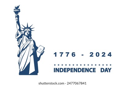 Estatua de la Libertad, bienvenidos a América. Día de la Independencia de Estados Unidos. Libertad, 1776-2024. Diseño azul, vacaciones en Estados Unidos. Símbolo nacional de América Nueva York, Anuncio, volante, cartel, publicidad. Ilustración vectorial