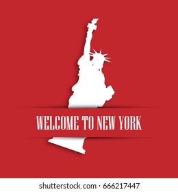 Statue of Liberty white paper cutting in red greeting card pocket with label Welcome to New York. United States symbol and Independence day theme. Vector illustration.