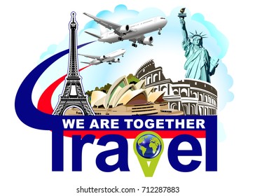 Estatua de la Libertad.Torre Eiffel.Coliseo. Viajes de turismo puntos de referencia.Estados Unidos.La tarjeta de visita, afiche, pegatina, boleto para agencias de viajes, empresas para la venta de viajes y viajes. Logo para viajes.