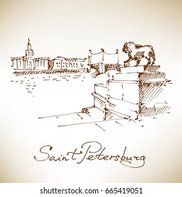 Statue of a lion at the Admiralty embankment, view on Neva River. St.Petersburg, Russia. Vector illustration. 