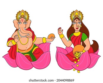Statue Of Lord Ganesha And Goddess Lakshmi Sitting On Lotus Flower.