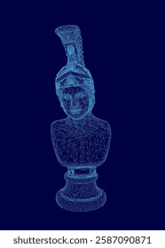 A statue of a man with a hat on a blue background. The statue is in a 3D format