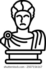 A statue of a man with a sad expression. The statue is of a Roman emperor. The man is wearing a toga and a laurel wreath
