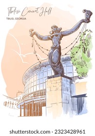 Statue of Melpomene in front of The Tbilisi Concert Hall building. Tbilisi, Georgia. Line drawing watercolour painted and isolated on white background. EPS10 vector illustration