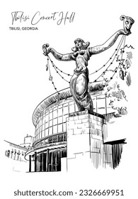Statue of Melpomene in front of The Tbilisi Concert Hall building. Tbilisi, Georgia. Black line drawing isolated on white background. EPS10 vector illustration