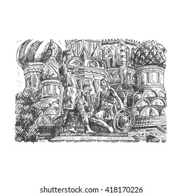 Statue of Minin and Pozharsky against the backdrop of St. Basil's Cathedral in Moscow Russia. Sketch by hand. Vector illustration. Engraving style