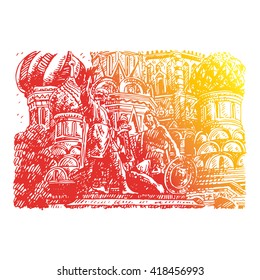 Statue of Minin and Pozharsky against the backdrop of St. Basil's Cathedral in Moscow Russia. Sketch by hand. Vector illustration. Engraving style