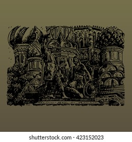 Statue of Minin and Pozharsky against the backdrop of St. Basil's Cathedral in Moscow Russia. Sketch by hand. Vector illustration. Engraving style