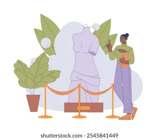 Estatua en museo. Mujer mirando la estatua de mármol de la antigua diosa griega. Visitantes en la exposición. Ocio cultural y ocio. Ilustración vectorial plana aislada sobre fondo blanco