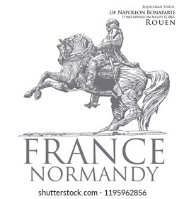 Die Statue von Napoleon Bonaparte wurde am 15. August 1865 eröffnet. Rouen, Normandie, Frankreich Handgezeichnete Vektorillustration Illustration, styliert für Gravuren. Tolle Idee für eine Postkarte, Bewerbung für ein Souvenir