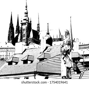 
statue on the Charles Bridge in Prague and in the background the Church of St. Vitus