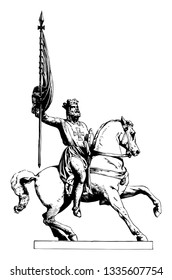 Statue was one of the leaders of the First Crusade during medieval times in 1095, vintage line drawing or engraving illustration.