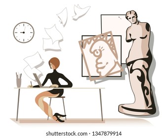 
statue, painting, clock and creative materials in the interior in the artist's room