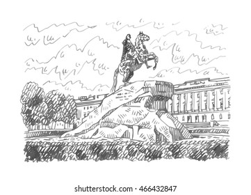 Statue of Peter the Great (Bronze Horseman) in Saint Petersburg, Russia. Sketch by hand. Vector illustration.
