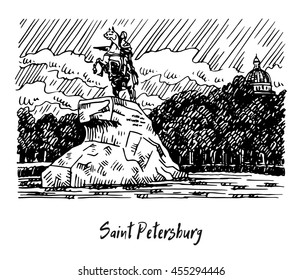 Statue of Peter the Great, known as the Bronze Horseman. Senate Square, Saint Petersburg, Russia. Sketch by hand. Vector illustration. 