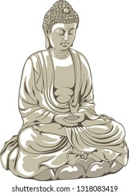 Statue of religion icon Buddha meditating . Isolated vector Illustrations