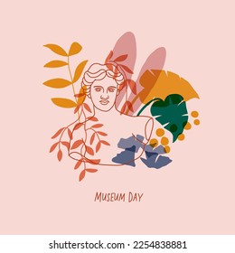 Statue of Renaissance woman with flowers. Minimalistic illustration. Pink background. Museum day postcard, banner. Museum illustration.