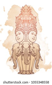 Statue representing Trimurti - trinity of Hindu gods Brahma, Vishnu and Shiva, sitting on three elephants. Intricate hand drawing isolated on textured background. Tattoo design. EPS10 vector