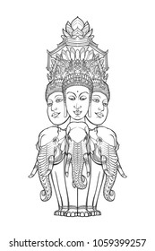 Statue representing Trimurti - trinity of Hindu gods Brahma, Vishnu and Shiva, sitting on three elephants. Intricate hand drawing isolated on white background. Tattoo design. EPS10 vector illustration