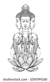 Statue representing Trimurti - trinity of Hindu gods Brahma, Vishnu and Shiva, sitting on three elephants. Intricate hand drawing isolated on white background. Tattoo design. EPS10 vector illustration svg