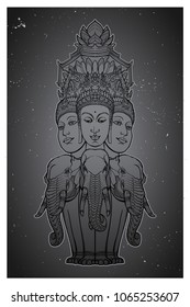 Statue representing Trimurti - trinity of Hindu gods Brahma, Vishnu and Shiva, sitting on three elephants. Intricate hand drawing isolated on white background. Tattoo design. EPS10 vector illustration