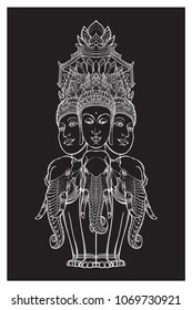Statue representing Trimurti - trinity of Hindu gods Brahma, Vishnu and Shiva, sitting on three elephants. Intricate hand drawing isolated on black background. Tattoo design. EPS10 vector illustration svg