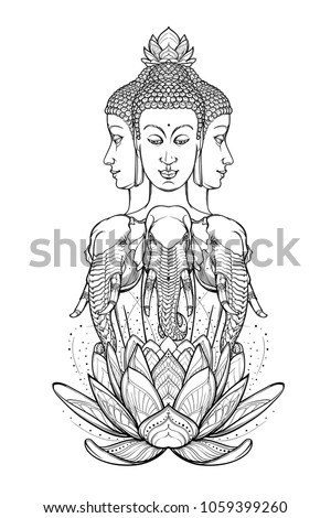 Statue representing Trimurti - trinity of Hindu gods Brahma, Vishnu and Shiva, sitting on three elephants. Intricate hand drawing isolated on white background. Tattoo design. EPS10 vector illustration